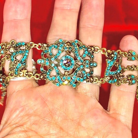 2003~VCLM Noblesse Austrian Crystal VTG Style Jade/Gold Choker Earrings Set NOS - Picture 9 of 11